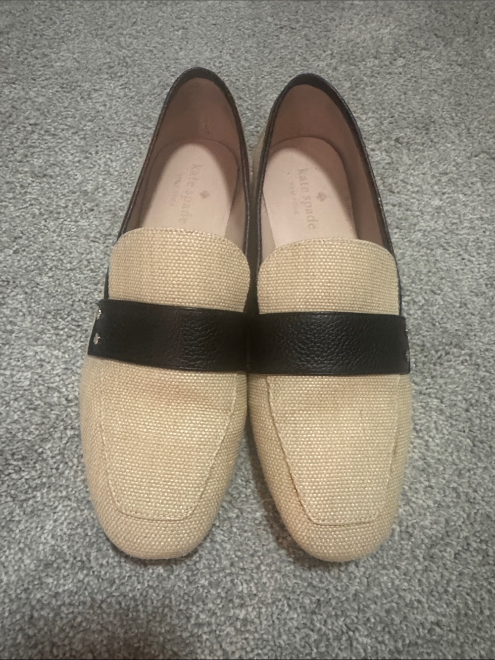 kate spade Beige Canvas Loafers with Black Band